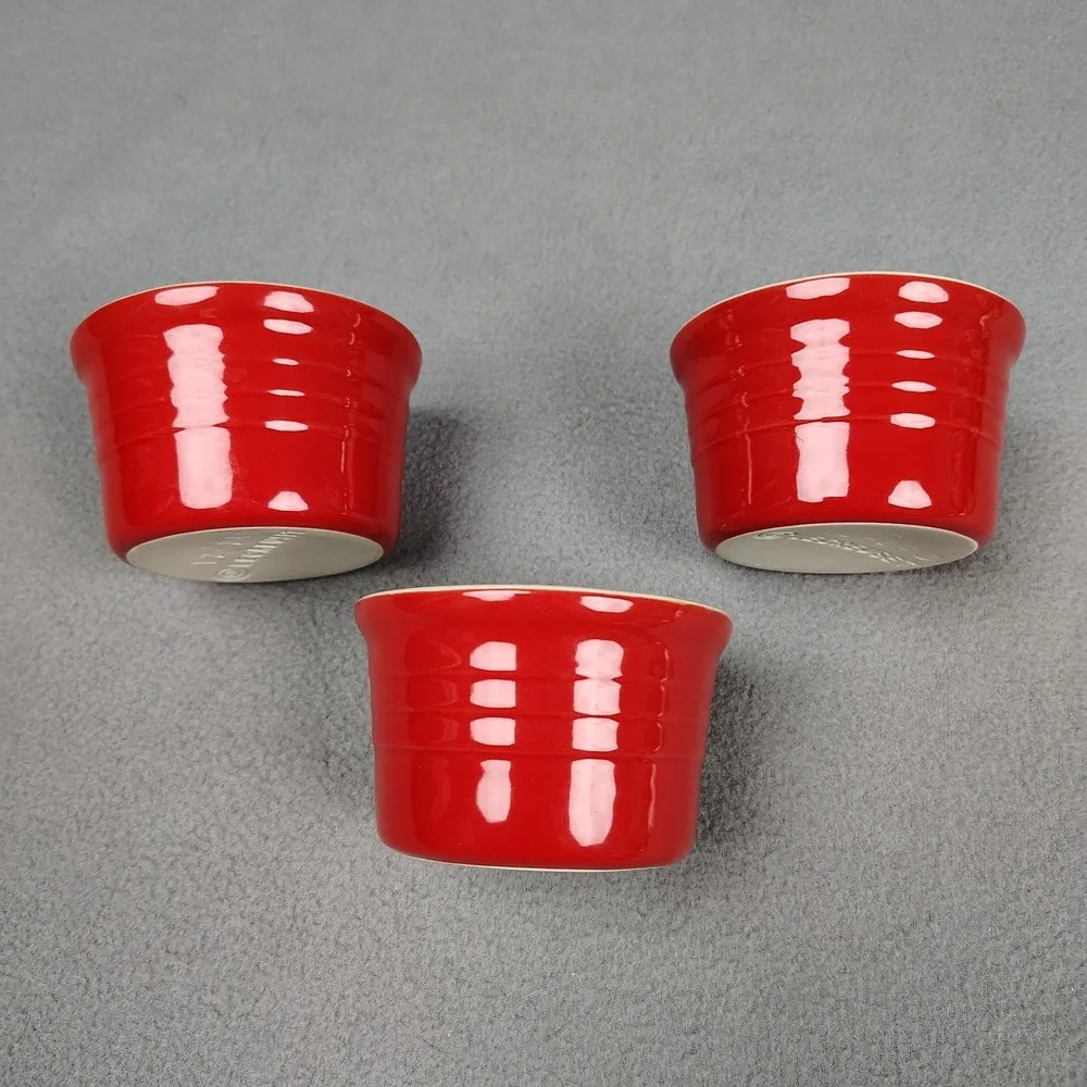 Le Creuset Ramekin Set (3) Cherry Red Stoneware Stackable Ribbed 12-24 Excellent